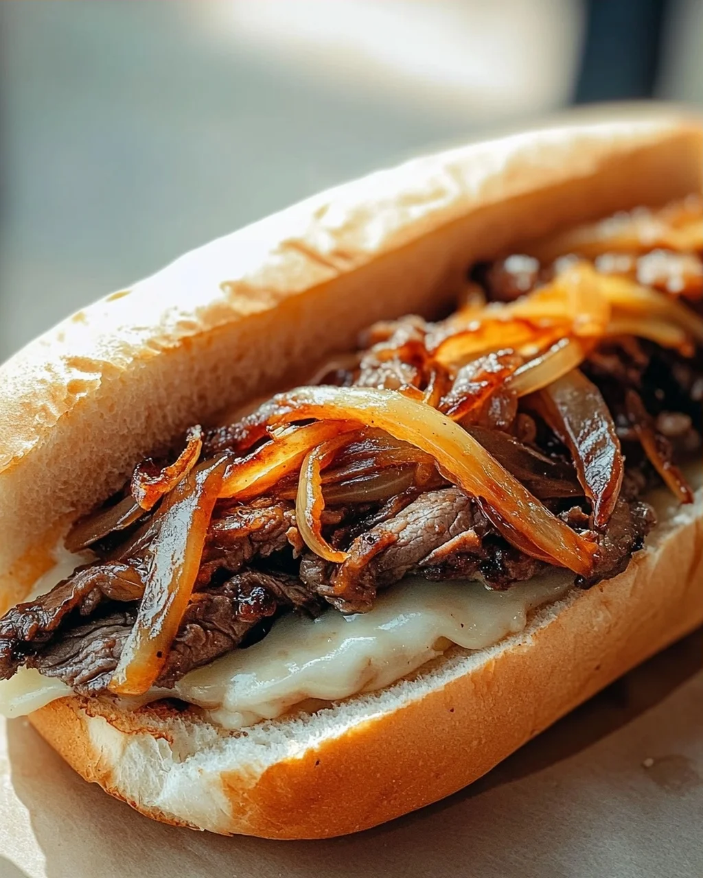 Bulgogi Cheesesteak auf dem Blech mit karamellisierten Zwiebeln