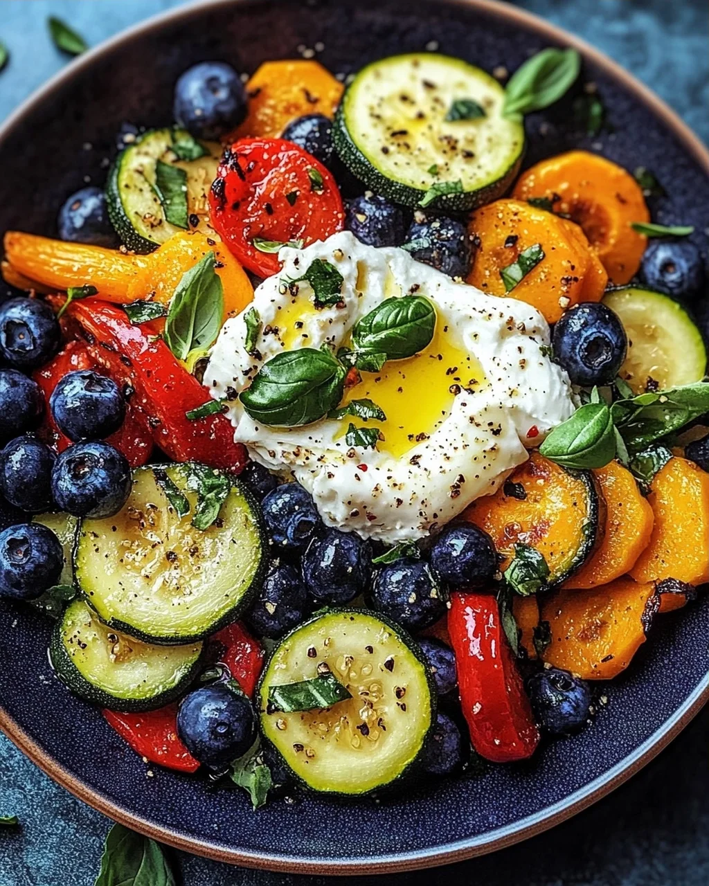 Burrata-Salat mit Ofengemüse und Blaubeeren