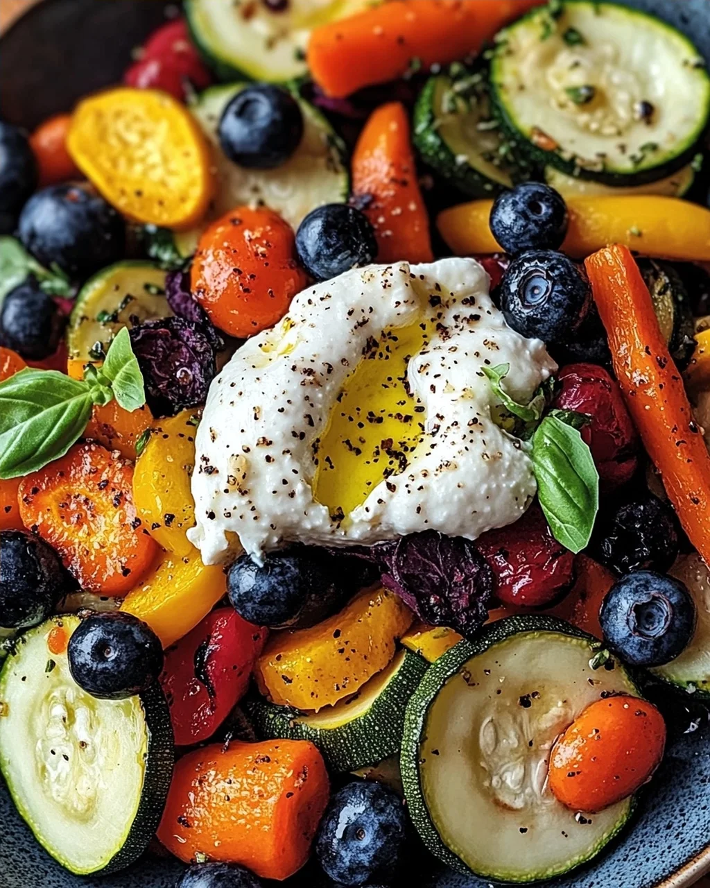 Burrata-Salat mit Ofengemüse und Blaubeeren