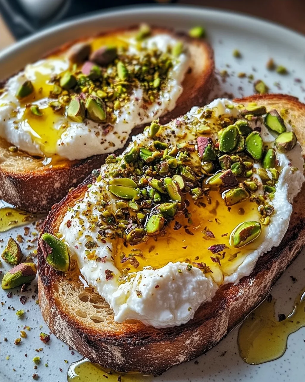 Burrata-Toast mit Pistazien und heißem Honig