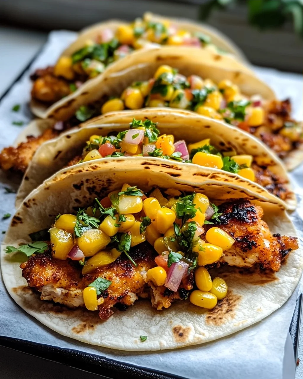Crispy Maple Chili Chicken Tacos mit Mango-Mais-Salsa Rezept