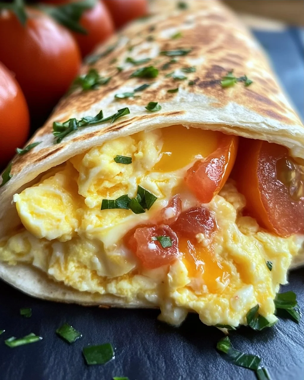 Frühstückswrap mit Ei, Käse und Tomaten