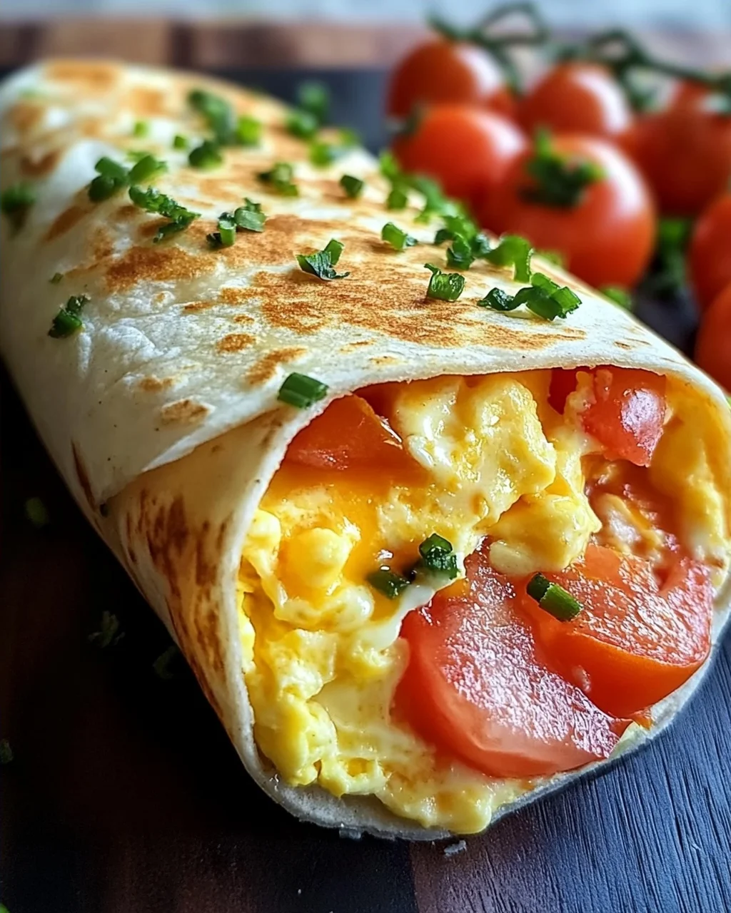 Frühstückswrap mit Ei, Käse und Tomaten