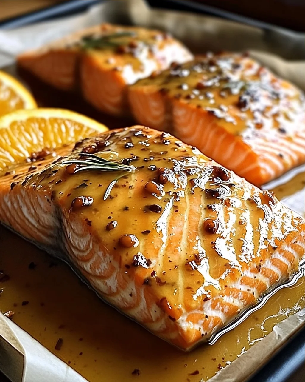 Gebackener Orangen-Lachs mit Honig-Senf-Glasur