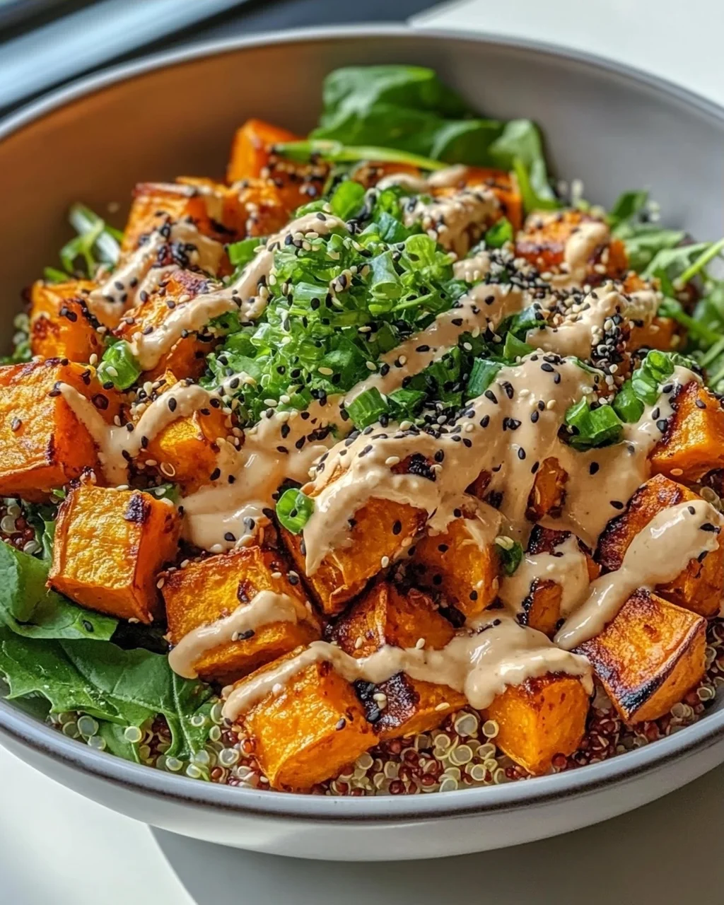 Gerösteter Süßkartoffel Quinoa Salat mit Sesam-Miso Sauce