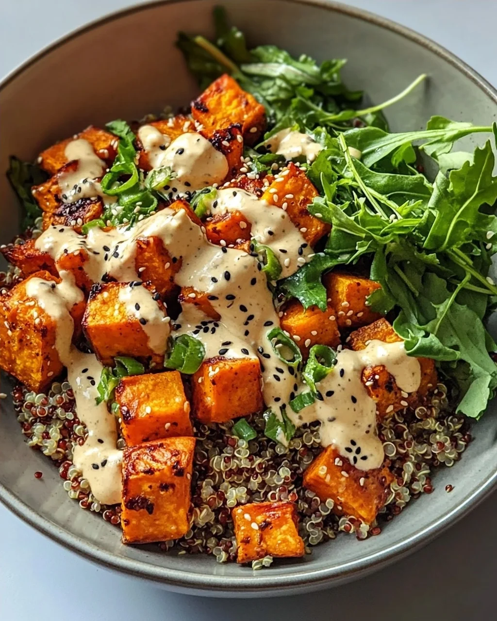 Gerösteter Süßkartoffel Quinoa Salat mit Sesam-Miso Sauce