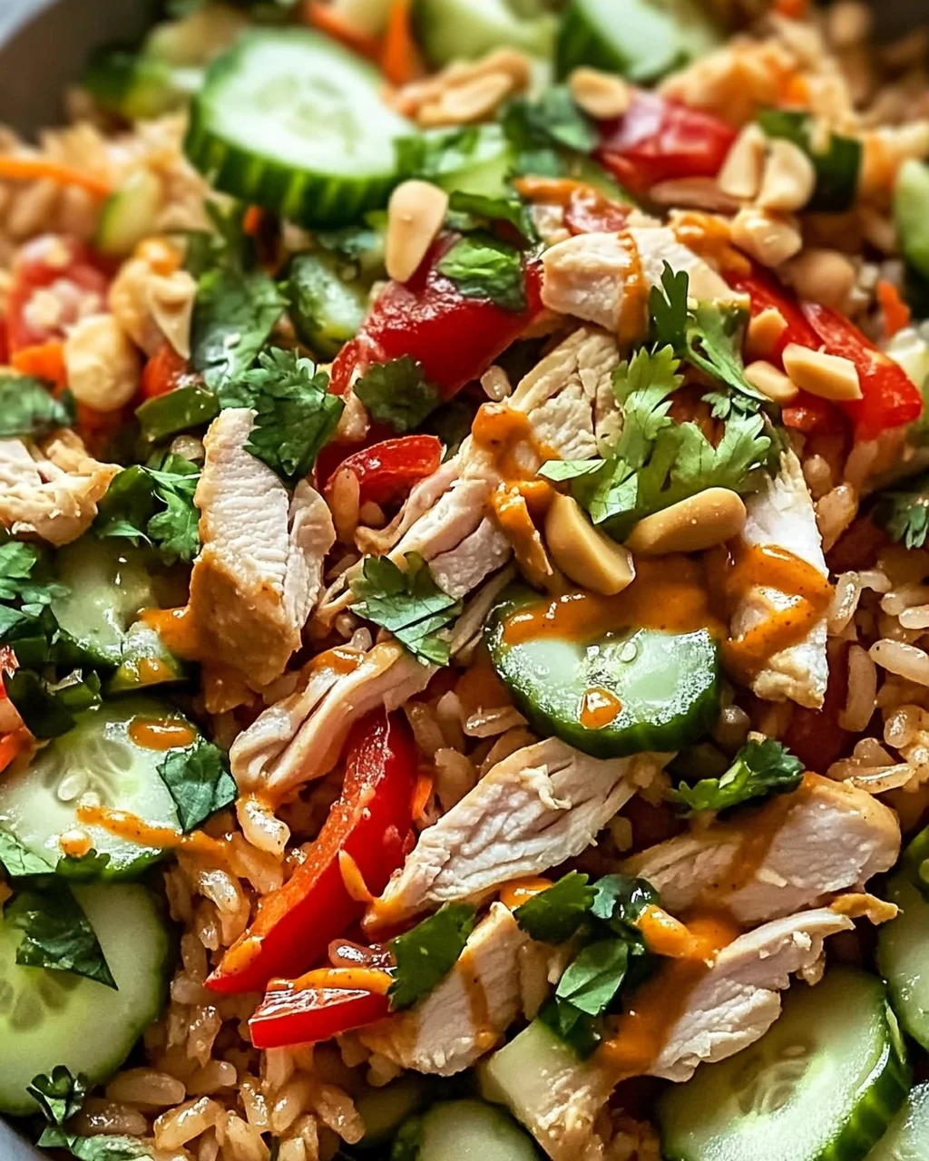Hühnchen Crispy Reis Salat mit Erdnussdressing schnell & lecker