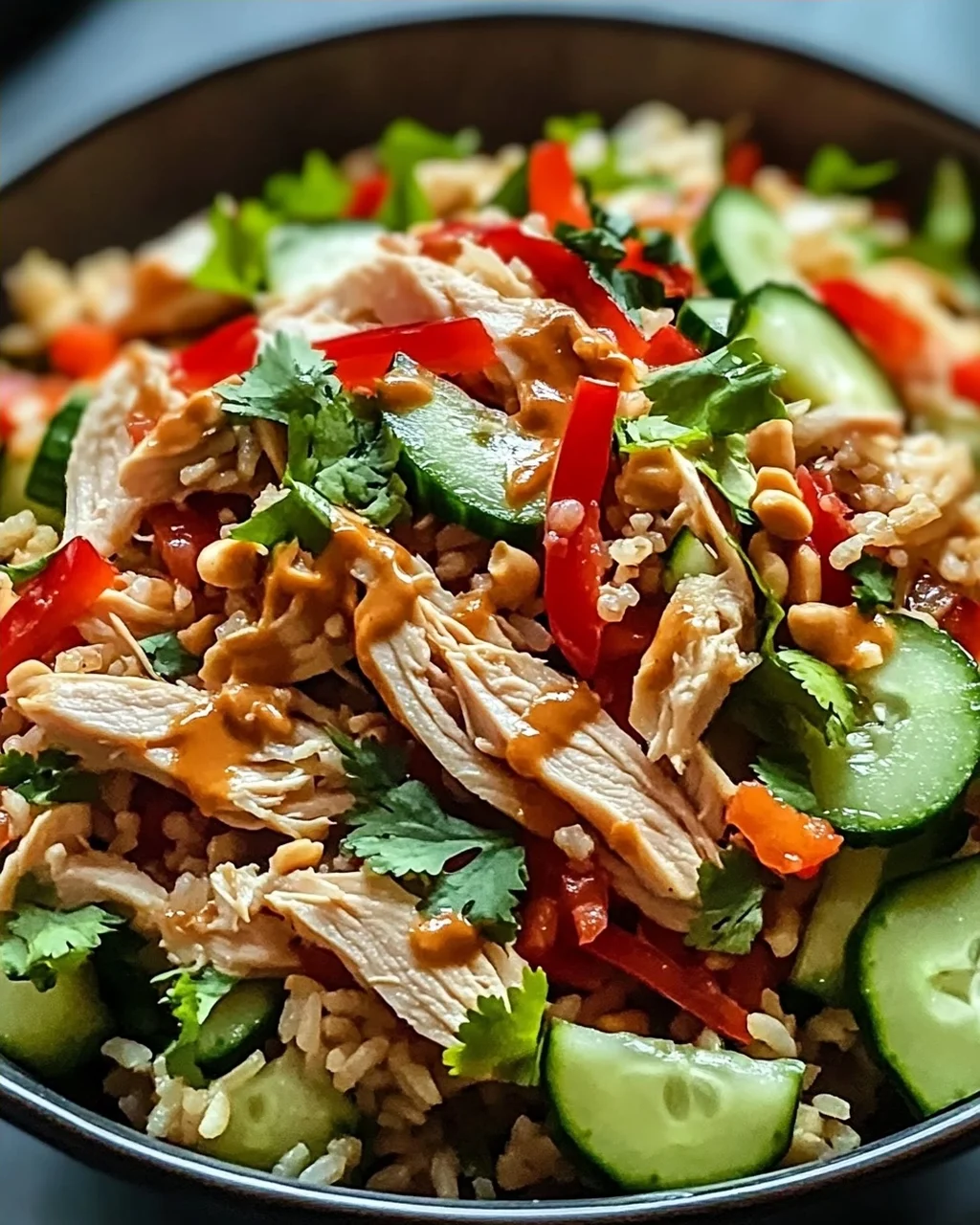 Hühnchen Crispy Reis Salat mit Erdnussdressing schnell & lecker
