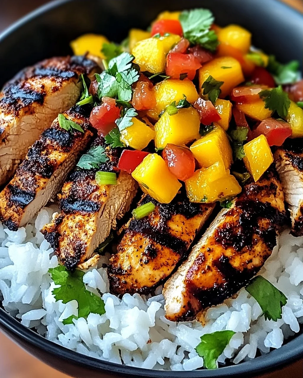 Jerk-Hühnchen-Schalen mit Mango-Salsa und Kokosreis