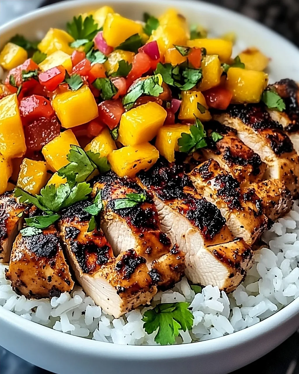 Jerk-Hühnchen-Schalen mit Mango-Salsa und Kokosreis