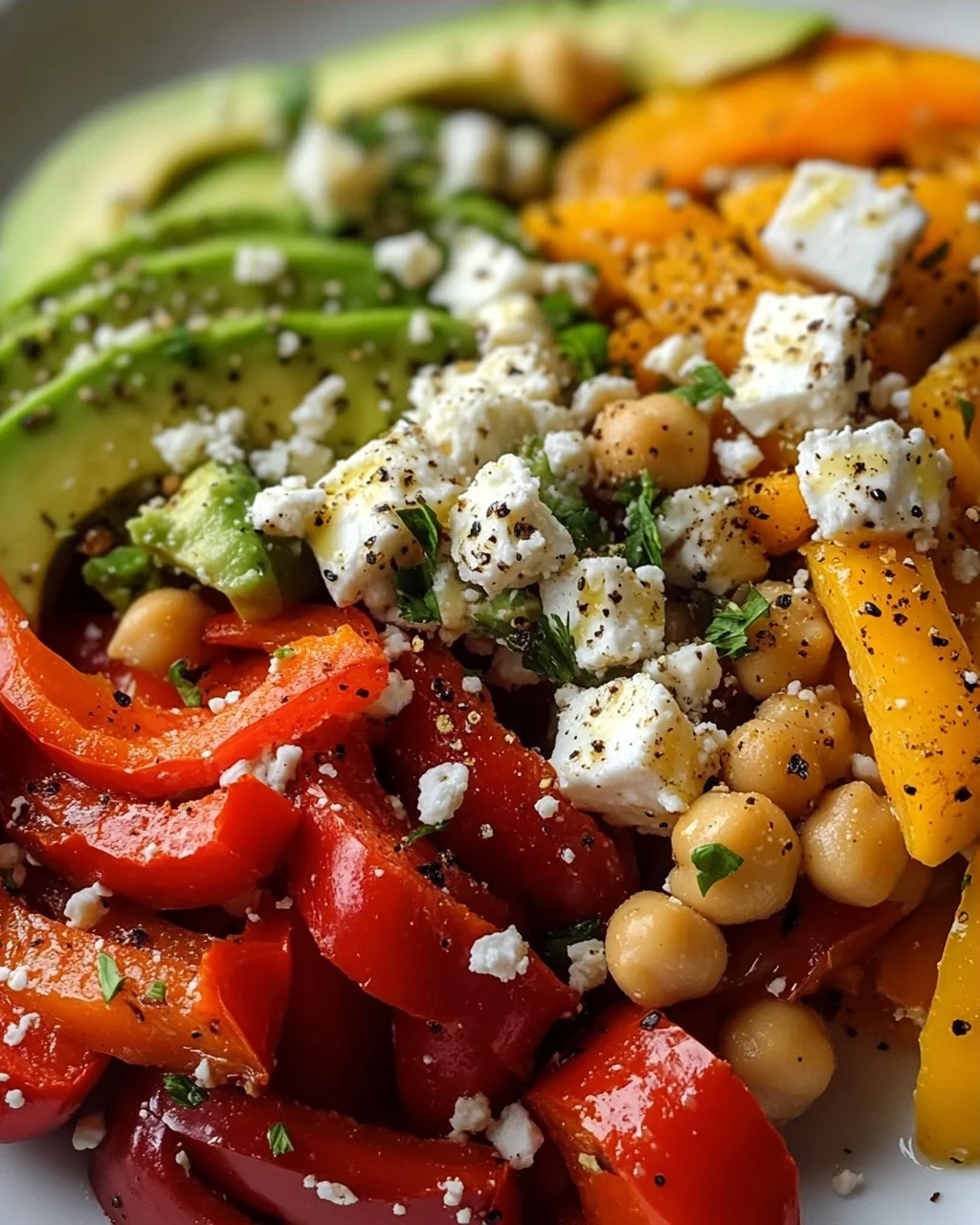 Kichererbsen-Feta-Avocado-Salat mit gerösteten Paprika
