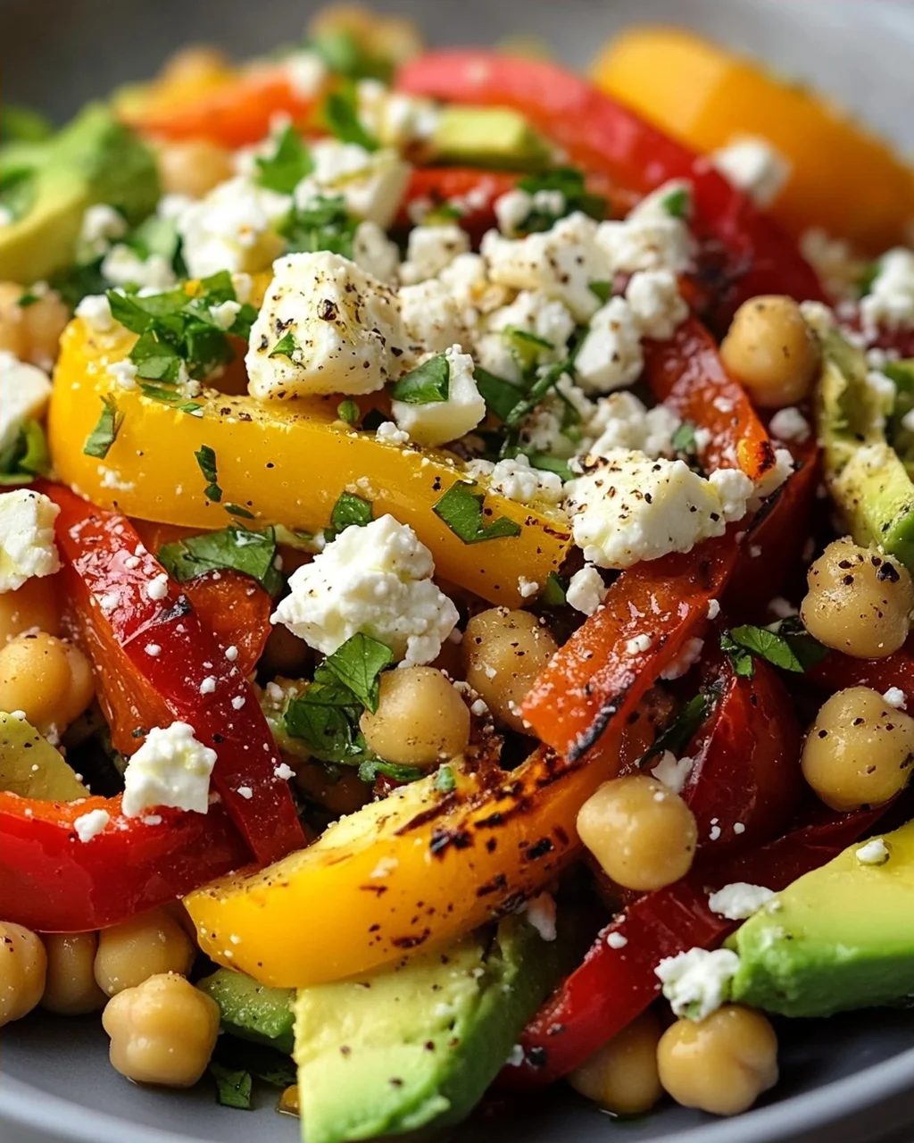 Kichererbsen-Feta-Avocado-Salat mit gerösteten Paprika
