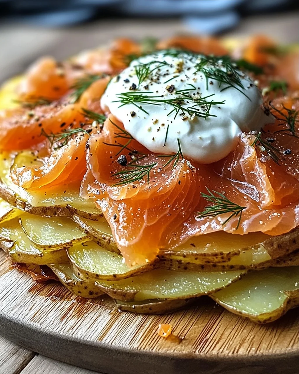 Knusprige Kartoffelgalette mit Räucherlachs und Crème Fraîche
