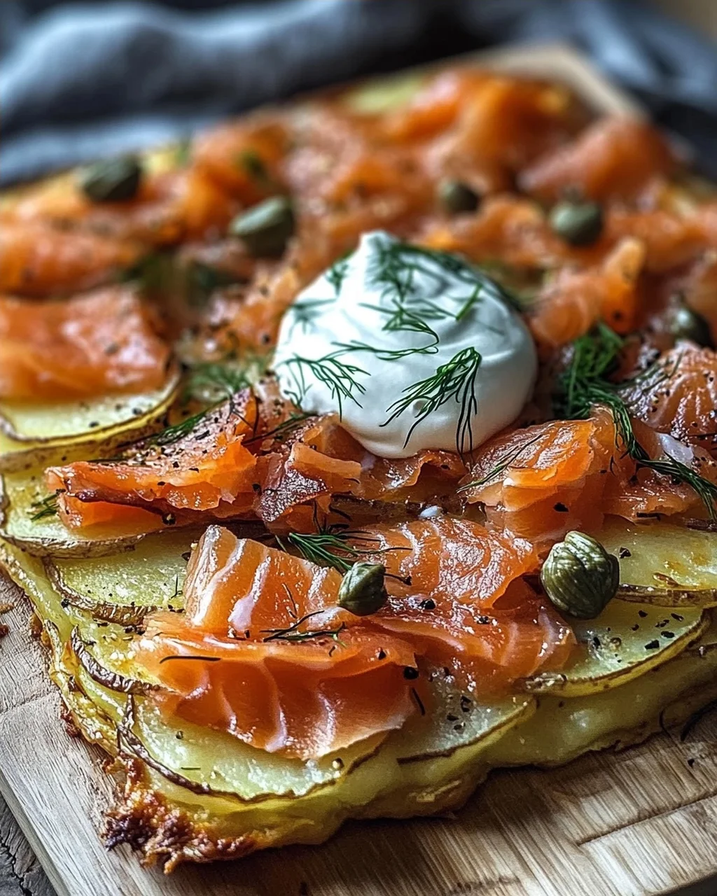 Knusprige Kartoffelgalette mit Räucherlachs und Crème Fraîche