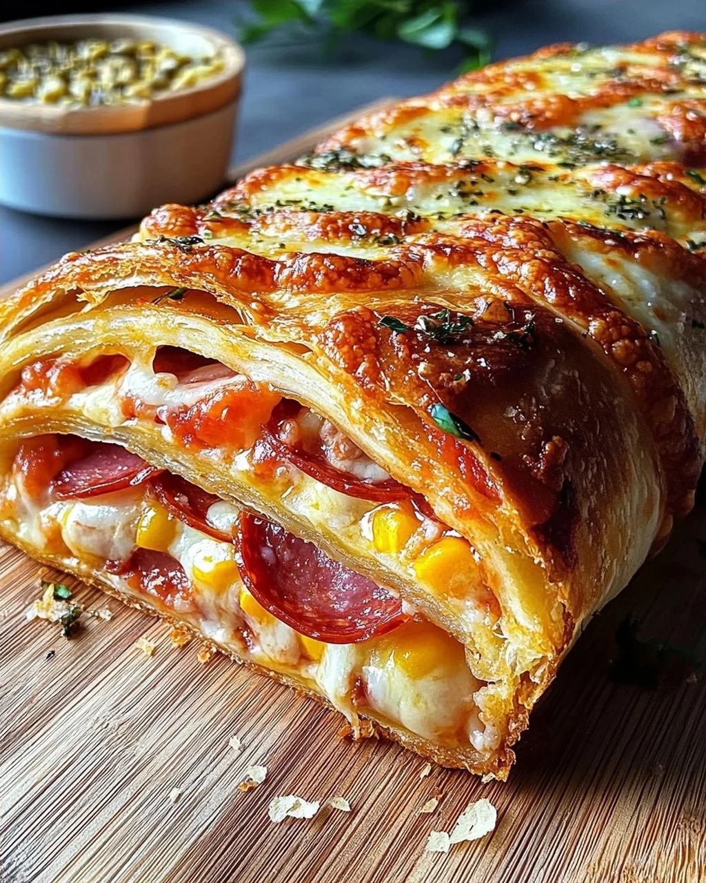 Pizza-Strudel (auch Pizza-Zopf genannt) aus fertigem Pizzateig
