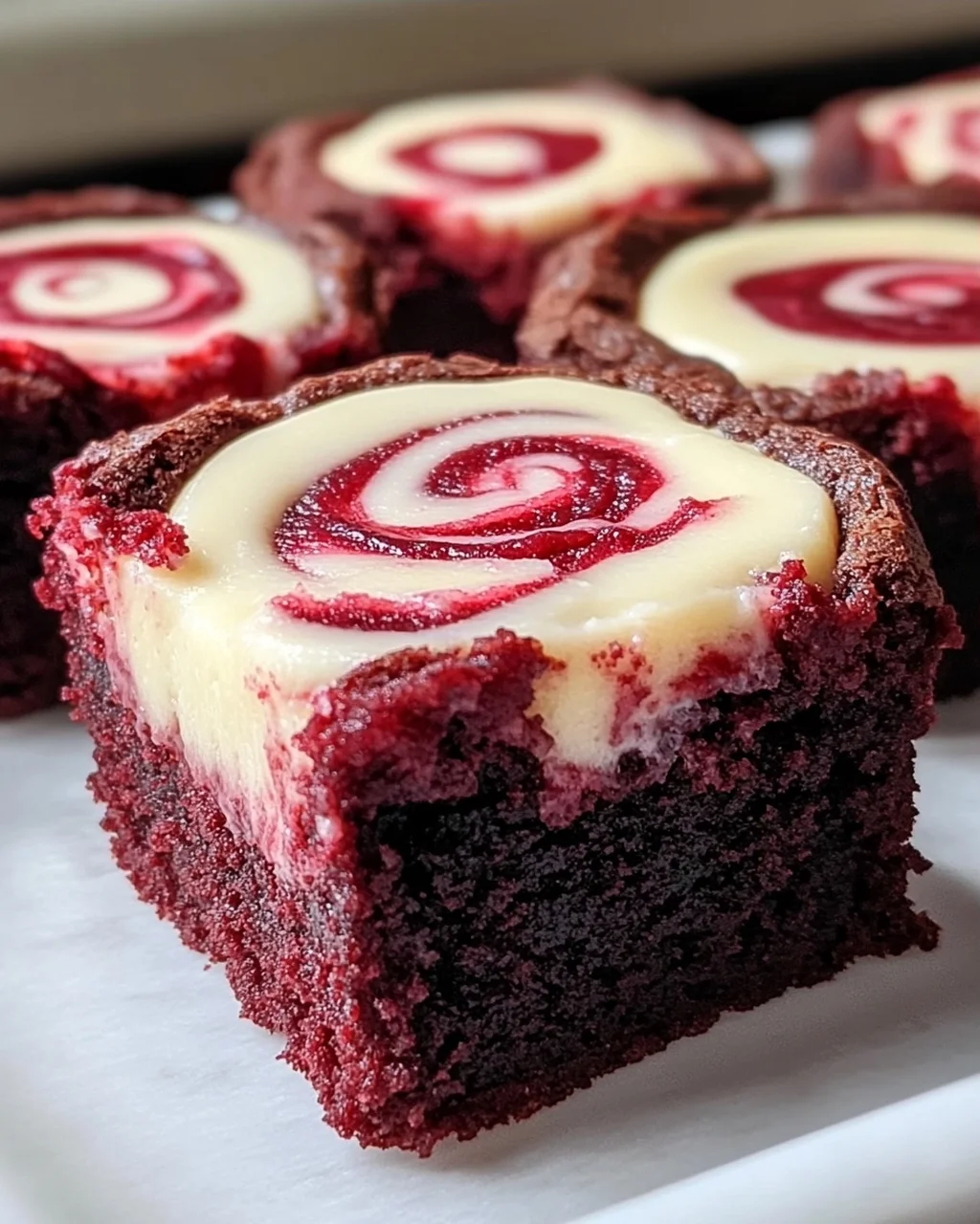 Rote Samt Brownie Bissen mit Frischkäse-Wirbel