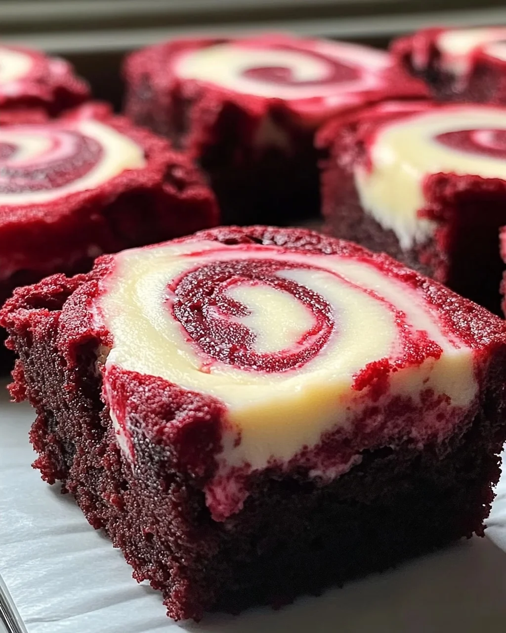 Rote Samt Brownie Bissen mit Frischkäse-Wirbel