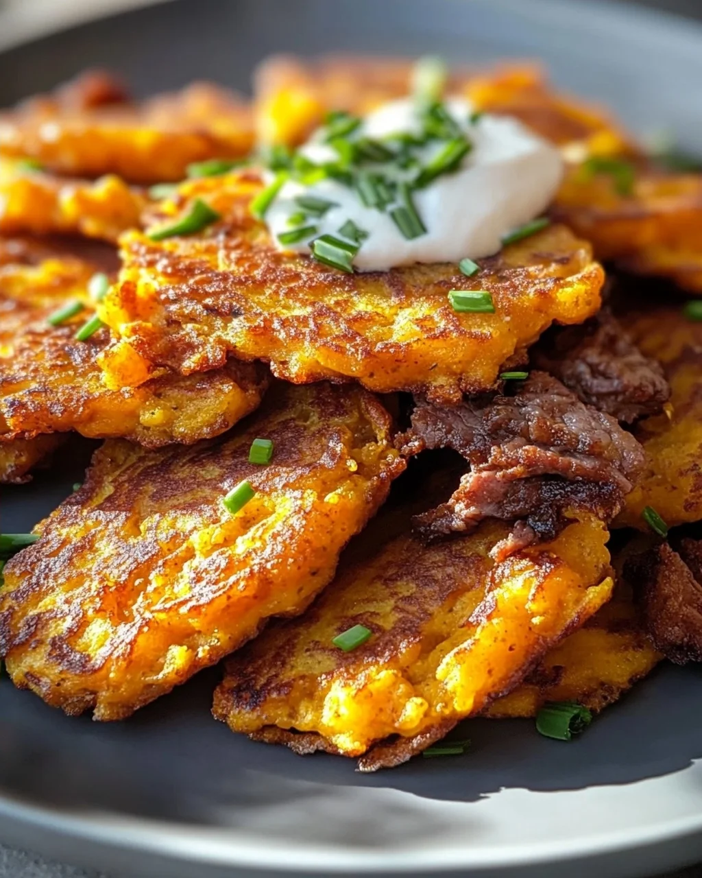 Rustikale Kürbis-Kartoffel-Puffer mit zartem Rindfleisch