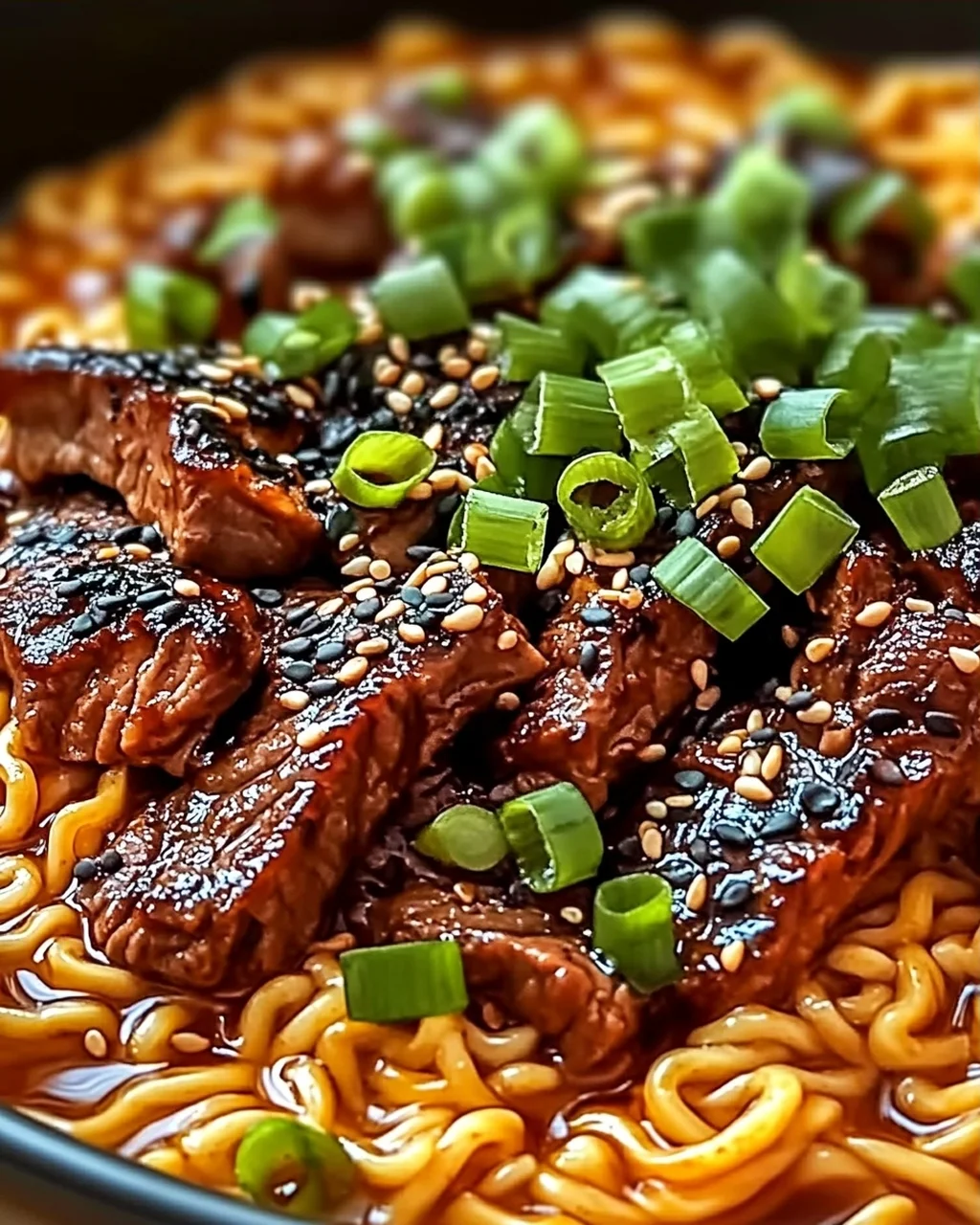 Scharfe Koreanische Nudeln mit gegrilltem Rindfleisch