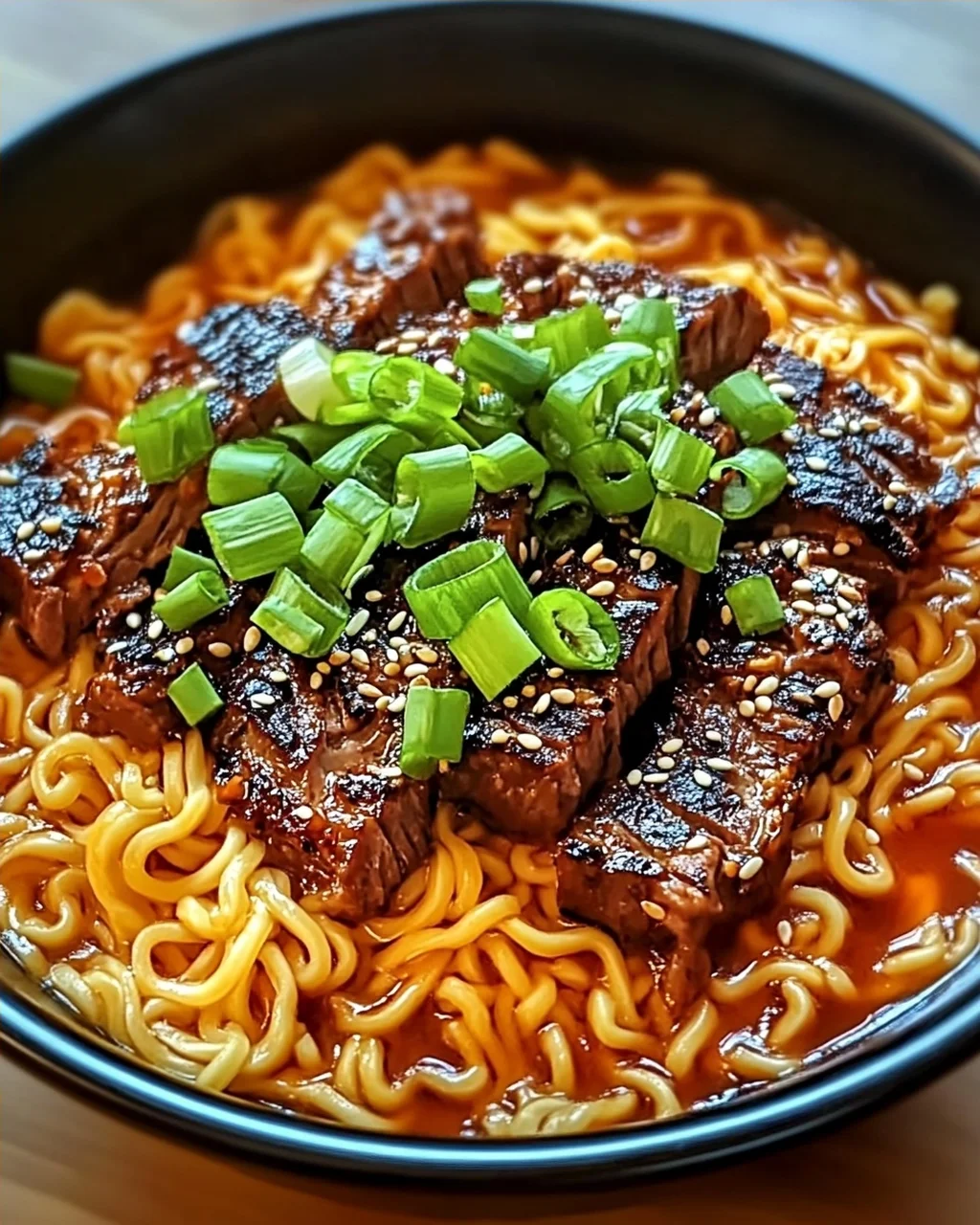Scharfe Koreanische Nudeln mit gegrilltem Rindfleisch