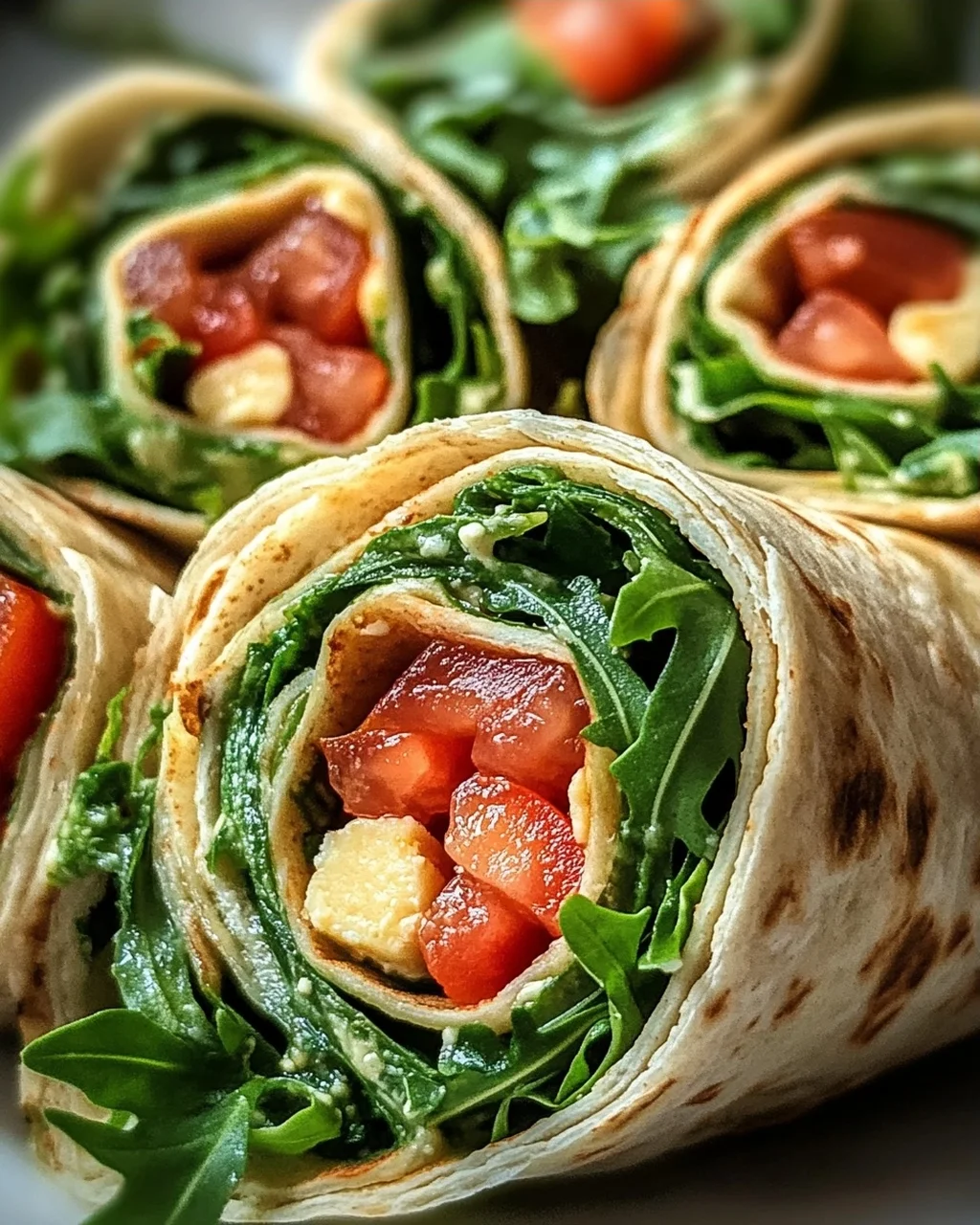 Vegetarische Wrap-Röllchen mit Rucola und Tomaten