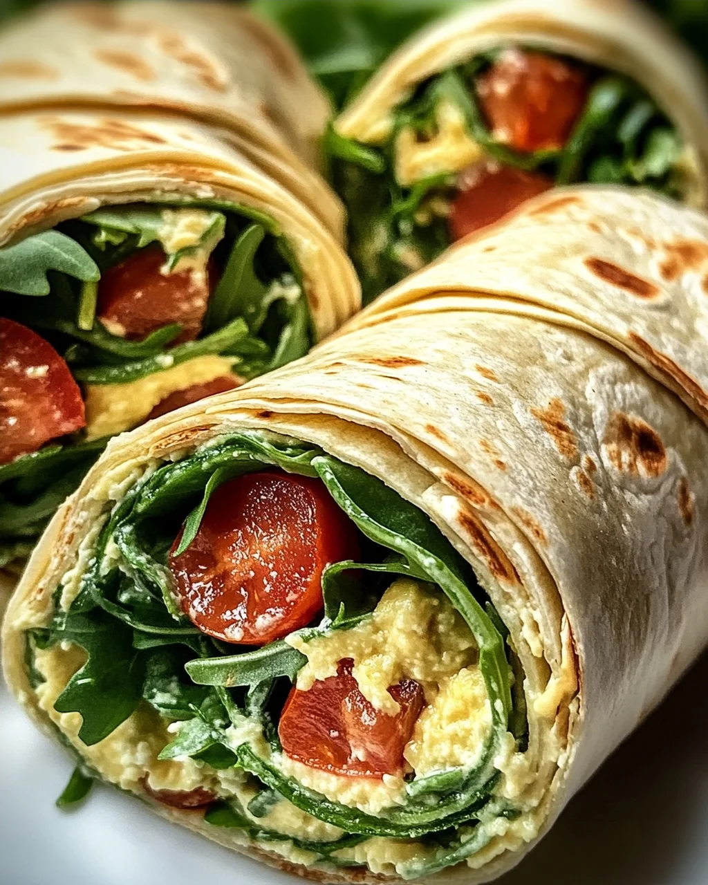 Vegetarische Wrap-Röllchen mit Rucola und Tomaten