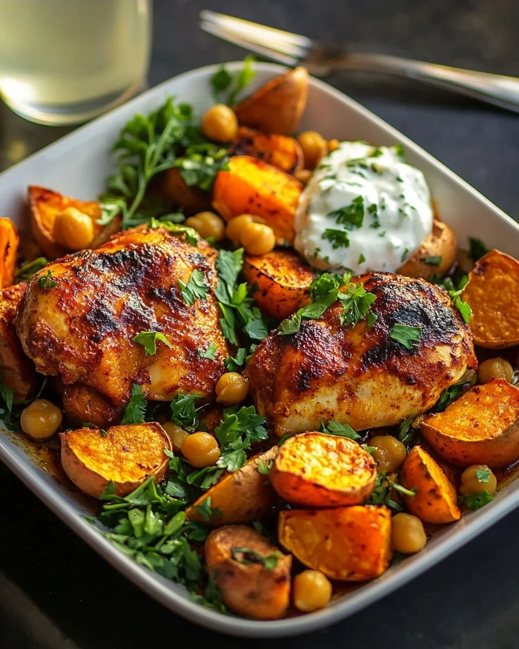 Würziges Ofen-Harissa Hähnchen mit Süßkartoffel, Kichererbsen und Knoblauchjoghurt