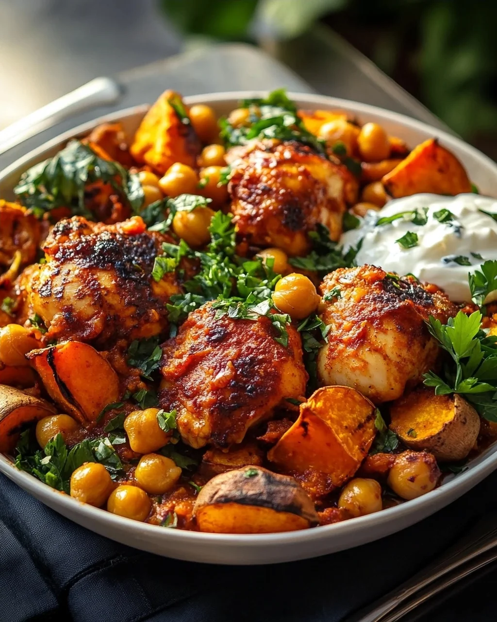 Würziges Ofen-Harissa Hähnchen mit Süßkartoffel, Kichererbsen und Knoblauchjoghurt