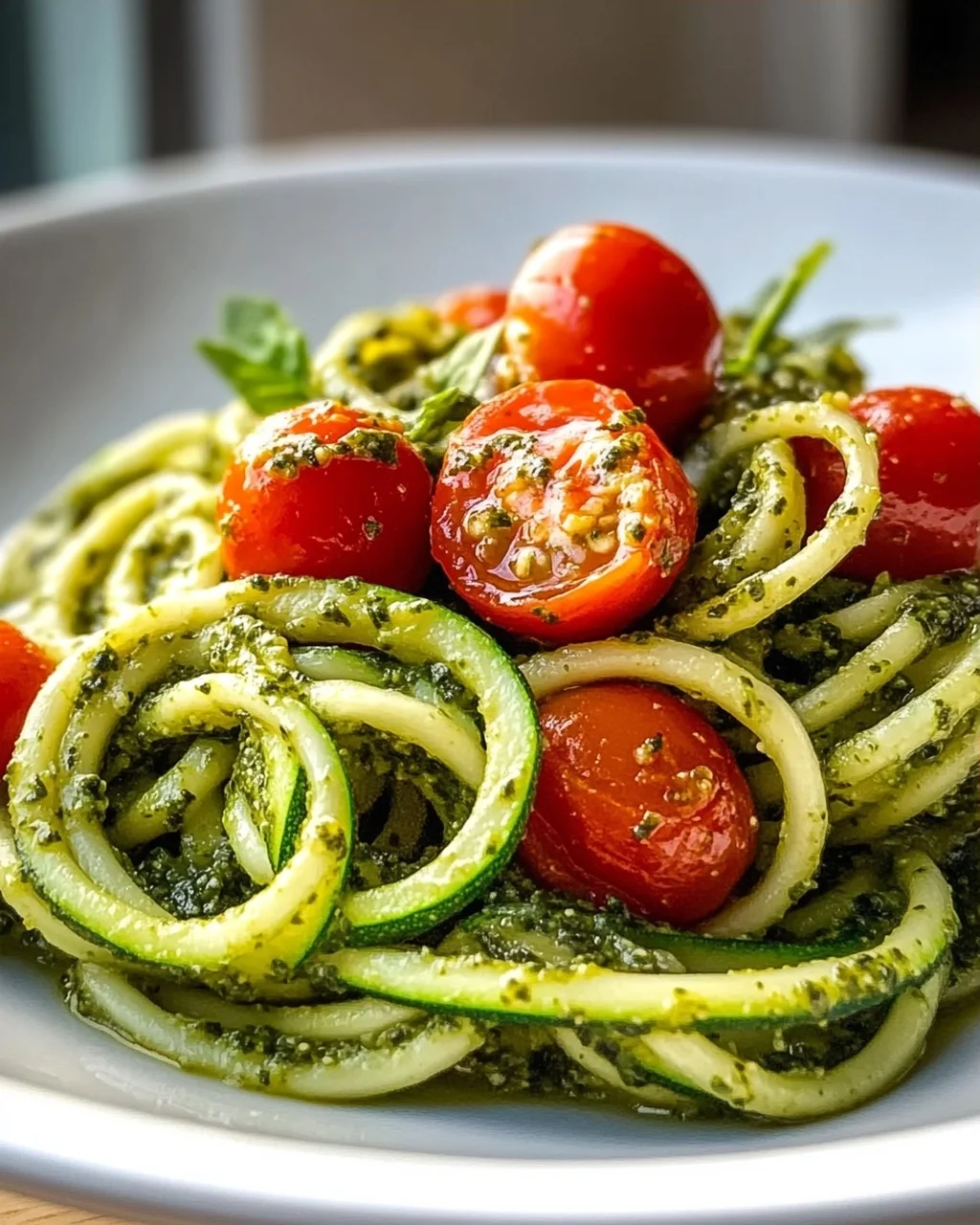 Zucchini Spaghetti mit Pesto & süßen Kirschtomaten – leicht & lecker!