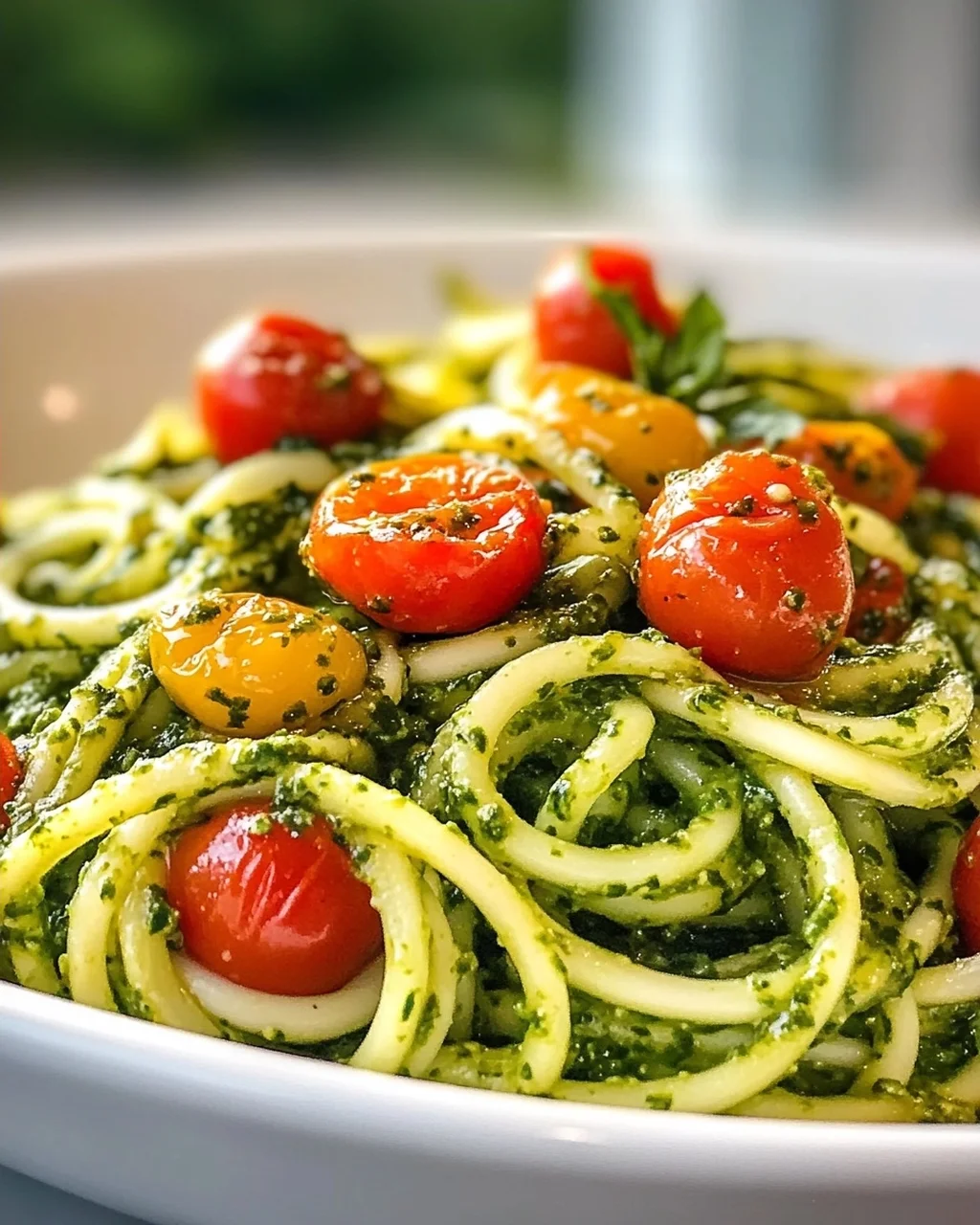 Zucchini Spaghetti mit Pesto & süßen Kirschtomaten – leicht & lecker!